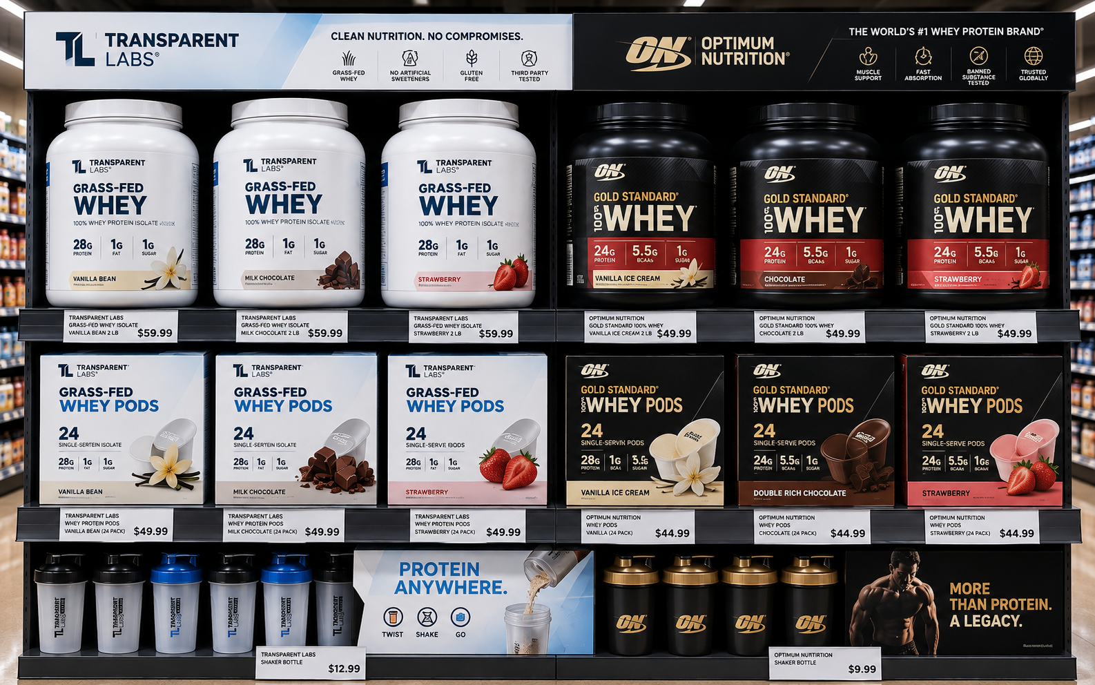 Protein powder retail shelf with tubs and pod boxes